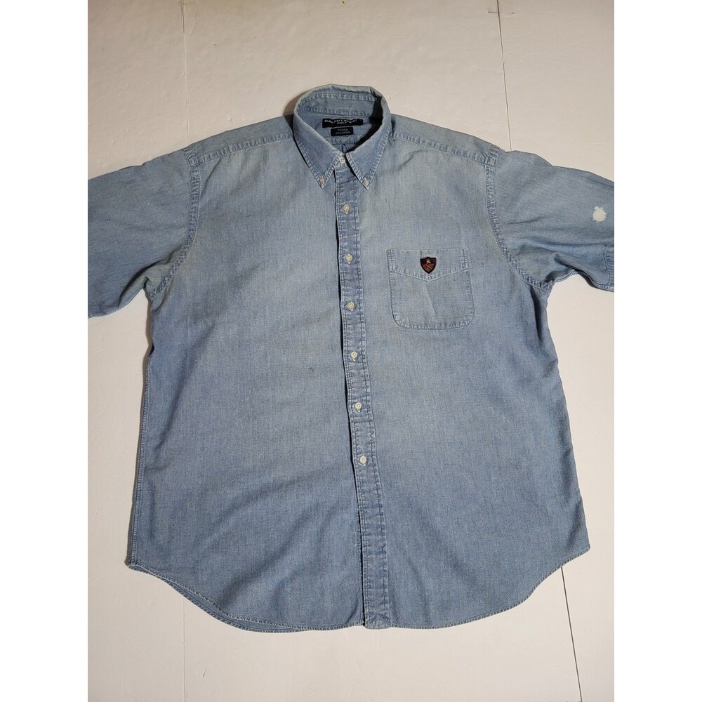 (#8) Vintage Ralph Lauren Golf Button Down XL Denim Short Sleeves Blue Classic